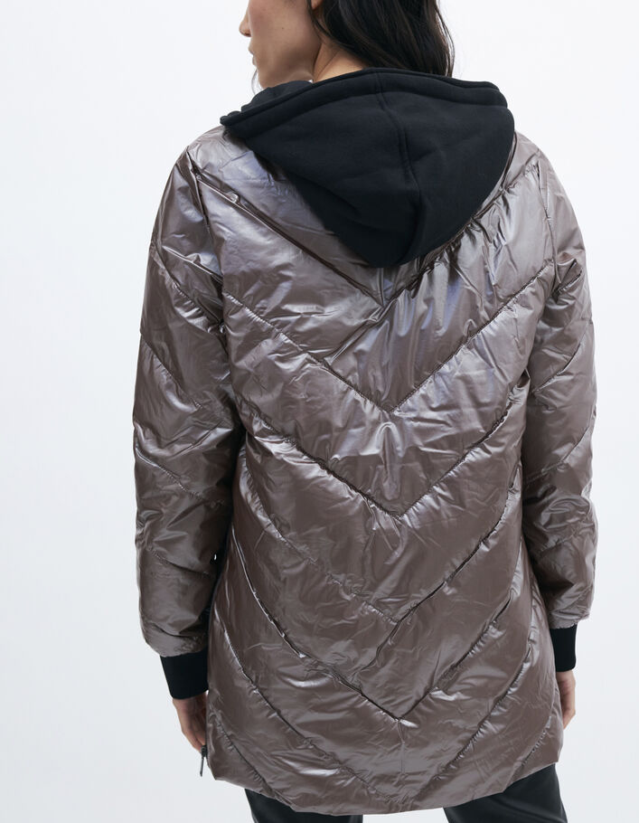 Women’s iridescent brown hooded mid-length padded jacket - IKKS