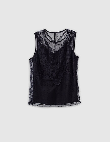 Women’s black lace and dotted Swiss-sleeveless top