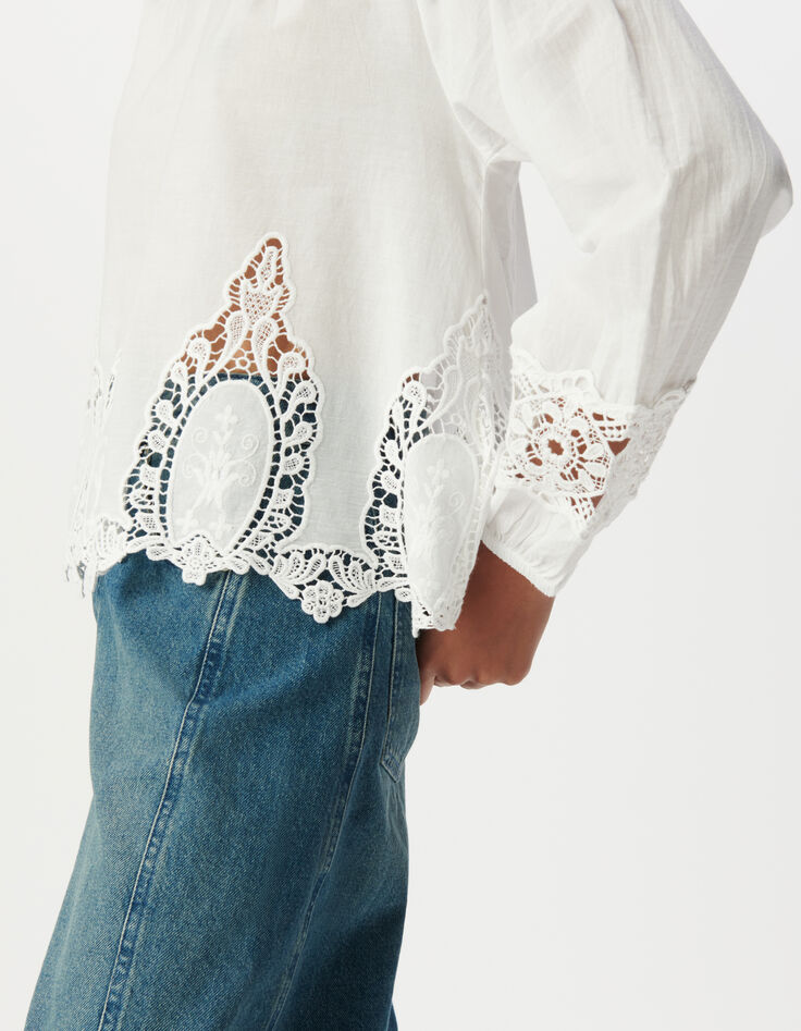 Locker sitzende weiße Bluse mit Spitzenstickerei Damen-4