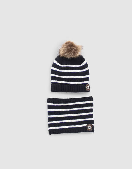 Baby boys’ navy striped knit beanie and snood