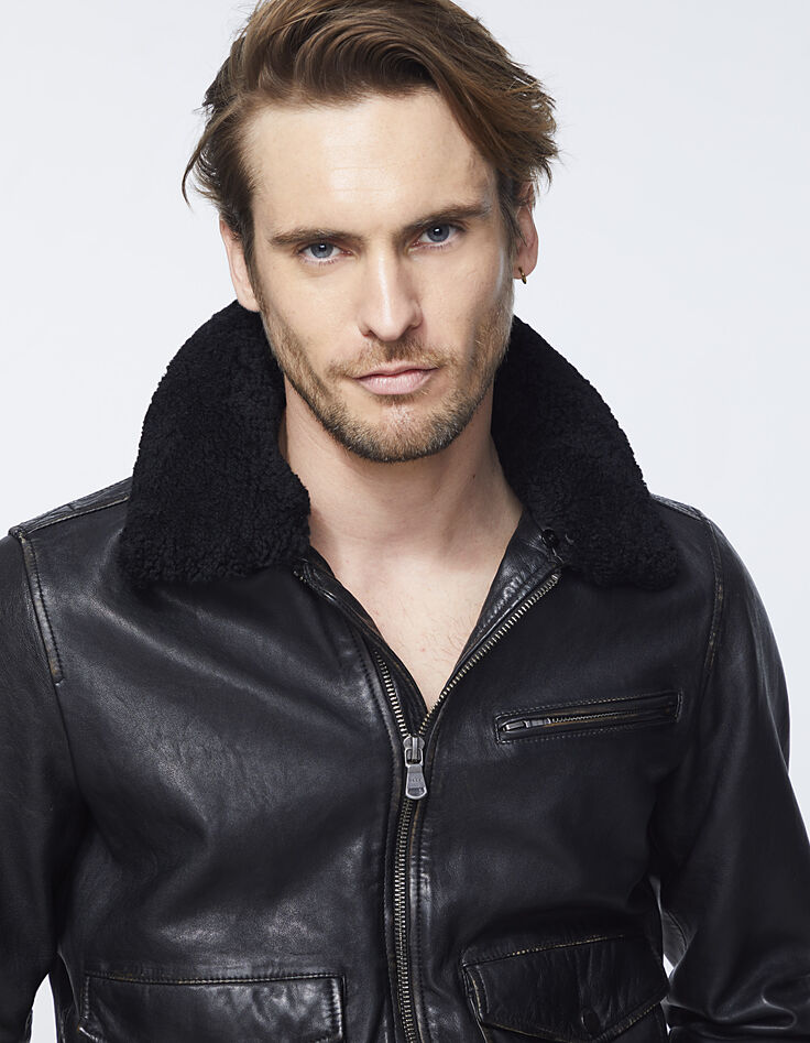 Men’s black Sherpa collar leather jacket-4