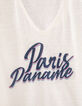 Tee-shirt col V en lin blanc cassé message flocage velours femme-2