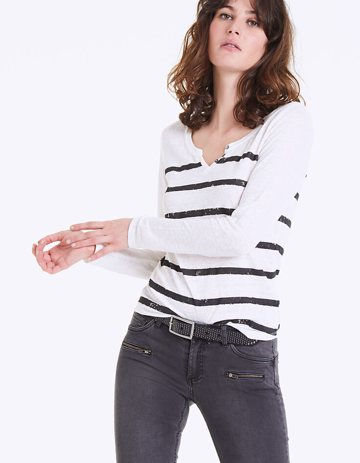 Tee-shirt marinière col V en lin femme-2