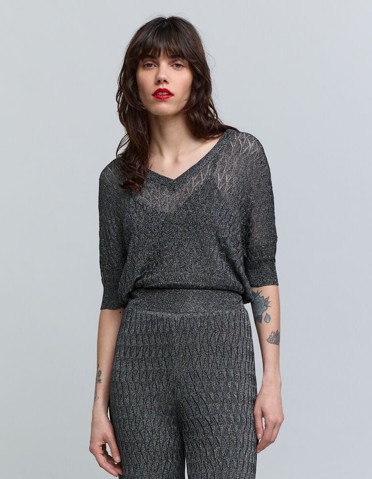 Pull gris maille fine graphique ajourée Femme-2 Pull gris maille fine graphique ajourée Femme-2