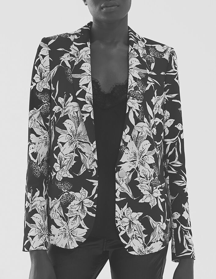 Veste tailleur en crêpe imprimé floral noir et blanc femme-5