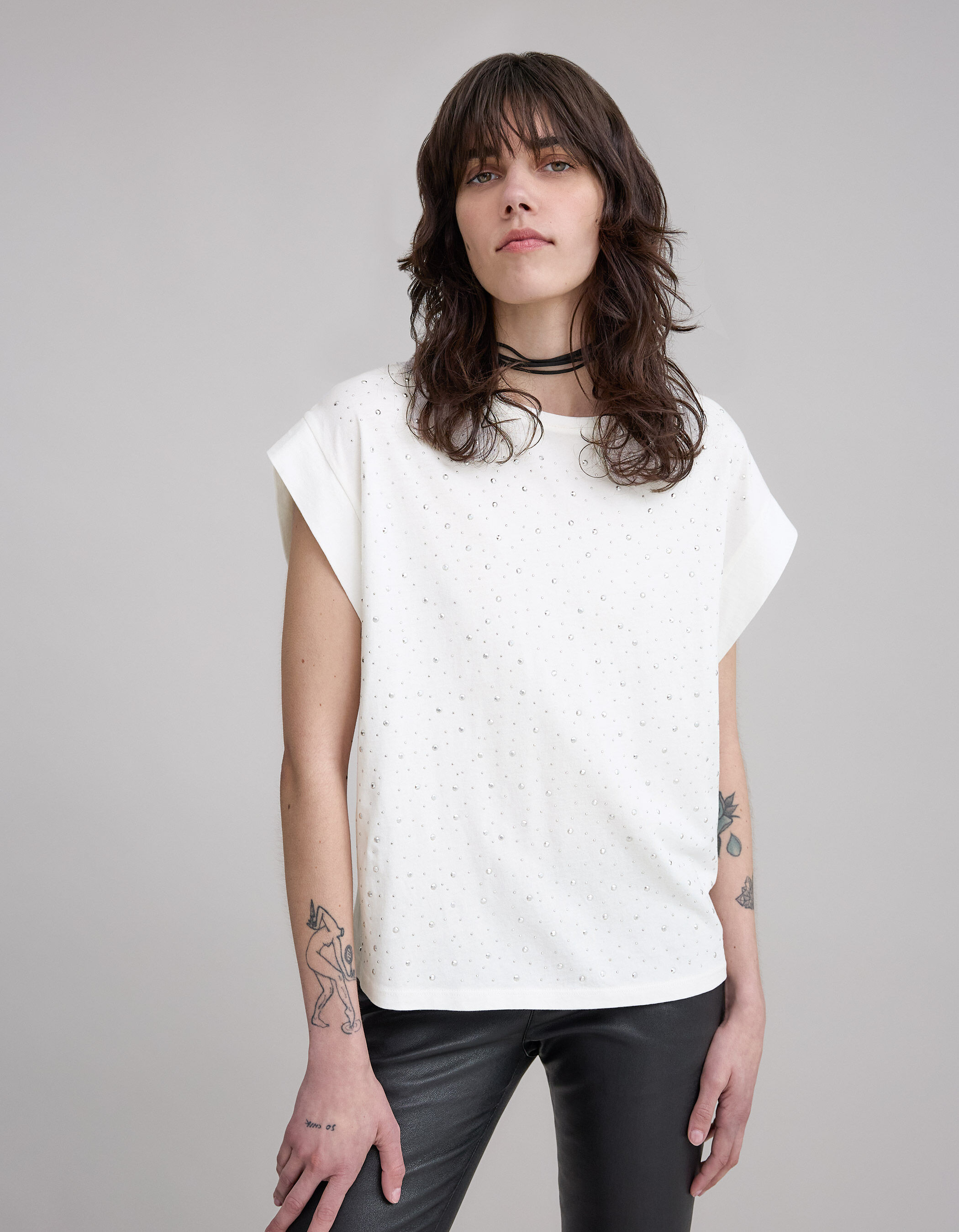 Women s white faceted stud tee shirt IKKS
