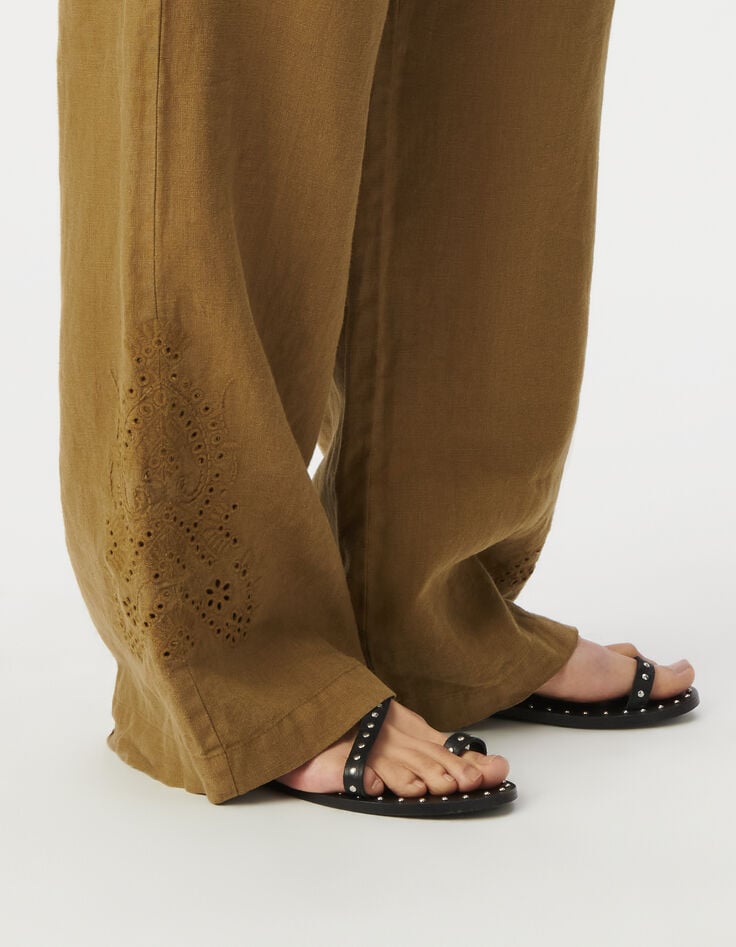 Pantalon large kaki taille haute broderies placées Femme-5