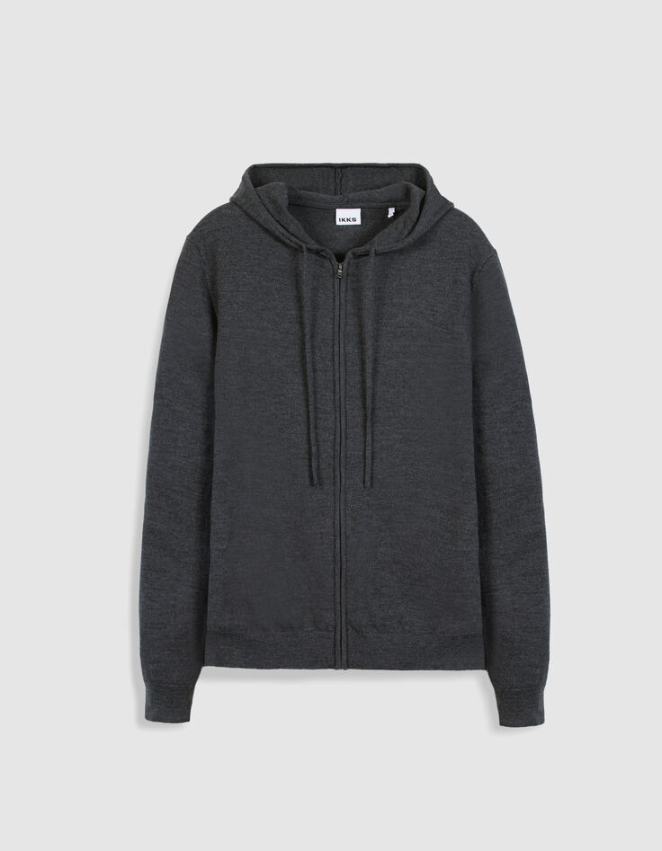 Cardigan zipp&eacute; &agrave; capuche gris tricot 100% laine Homme-1