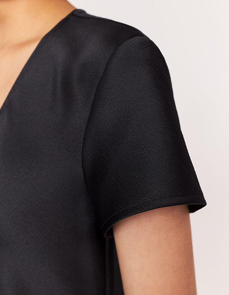 Robe midi manches courtes noire volantée en bas femme-4
