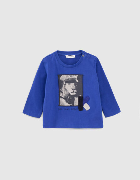 T-shirt bleu électrique visuel lion bébé garçon 