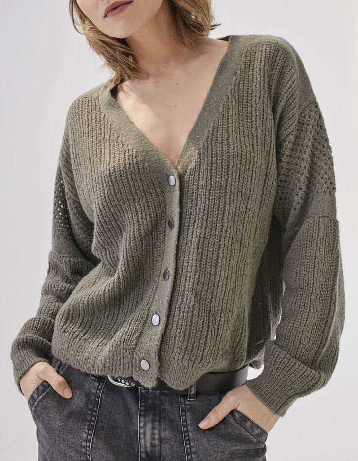 Women’s khaki knit cardigan with stitch detail and chains-1