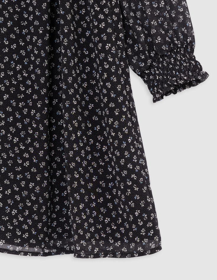 Zwarte micro-pois meisjesjurk met bloemenprint-4 Zwarte micro-pois meisjesjurk met bloemenprint-4