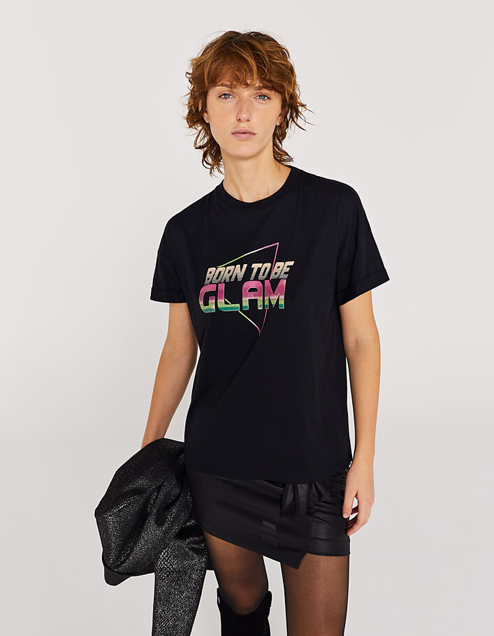 Camiseta negra de algodón modal visual purpurina mujer-2