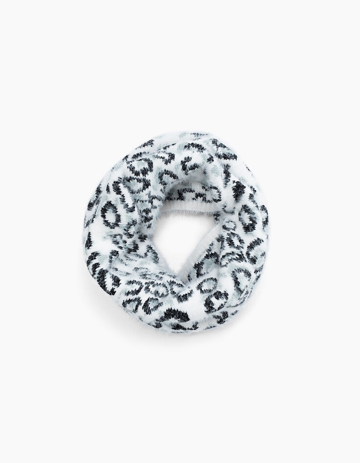 Girls’ off-white, black and grey leopard snood-1 Girls’ off-white, black and grey leopard snood-1