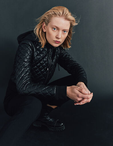 Women’s quilted lambskin leather short jacket + black hood - IKKS