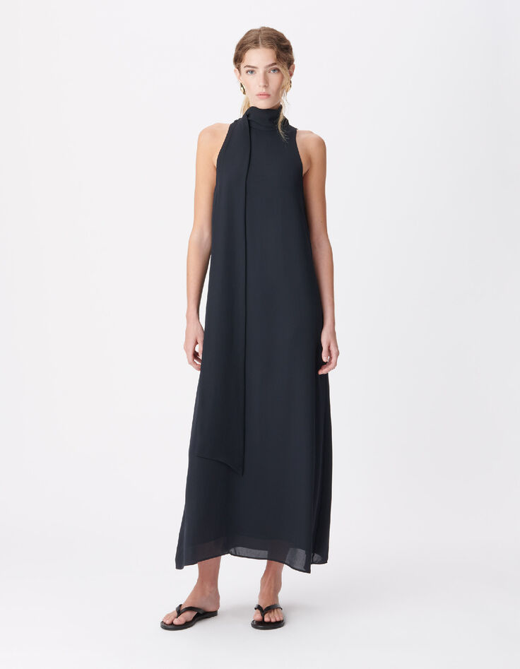 Women's navy long dress with fixed scarf-1