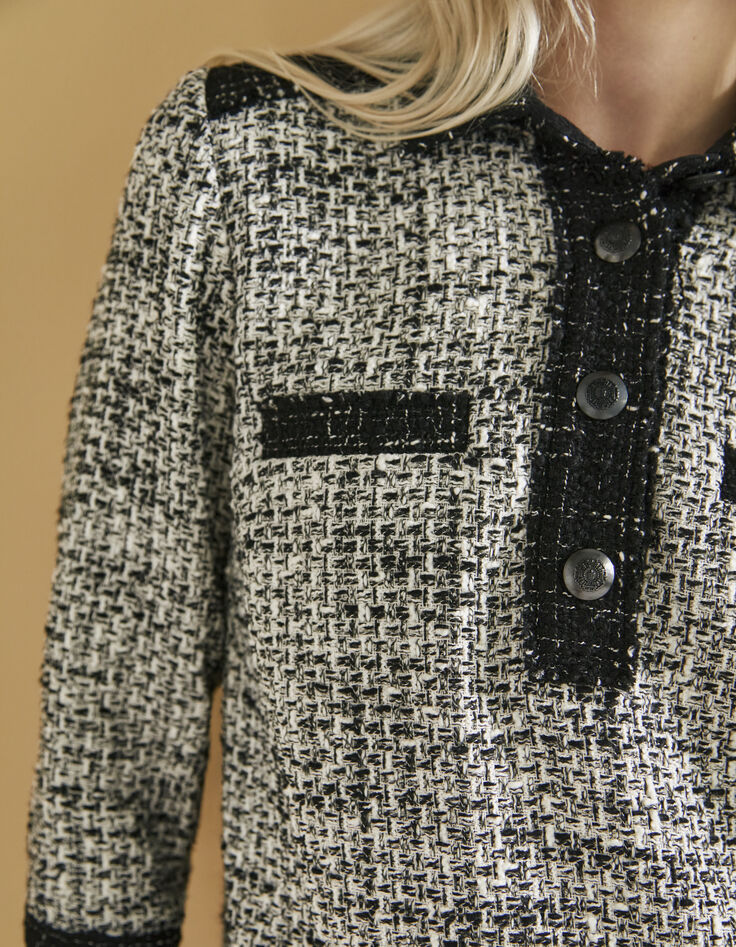 Vestido camisero tweed flecos blanco y negro mujer-3