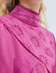 Blouse rose en coton bio broderie fleur femme-2