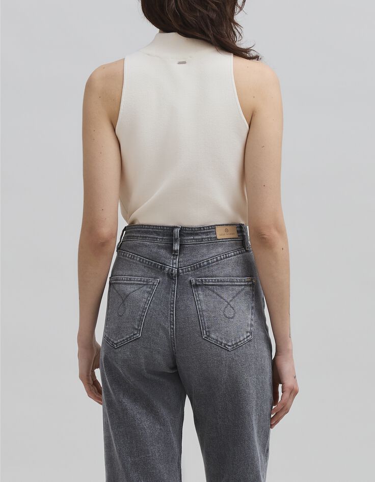 Pull blanc cass&eacute; tricot sans manches col montant Femme-3