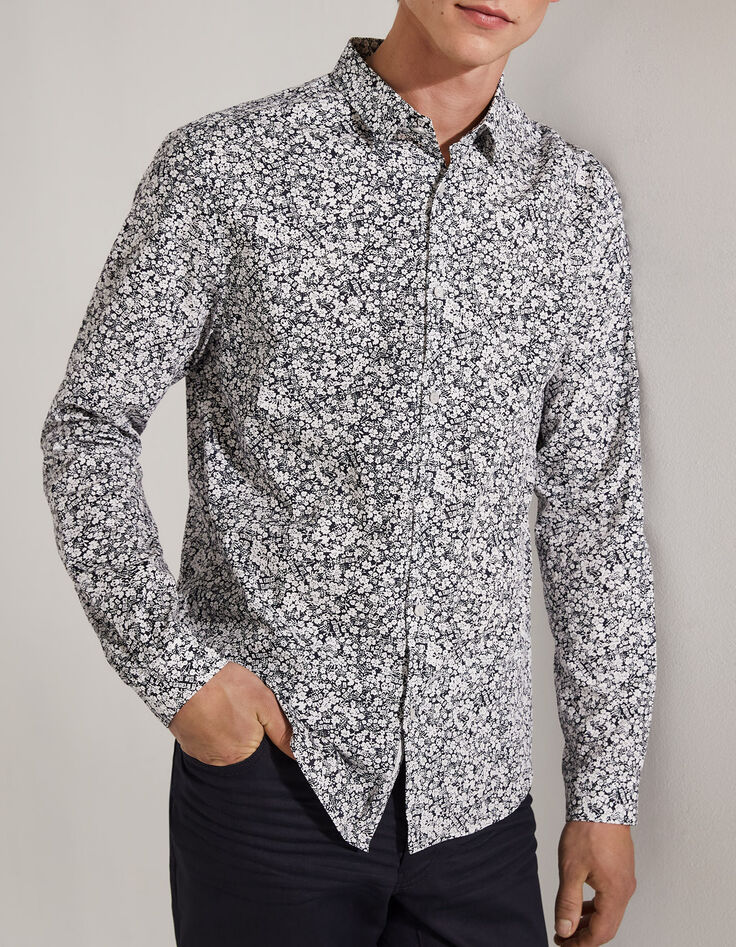 Camisa SLIM azul marino estampado flores blancas Hombre-1