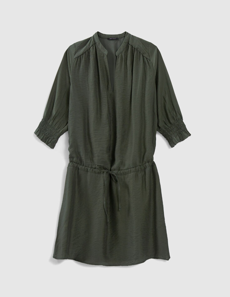 Women’s khaki upcycled satin dress with drawstring waist-6