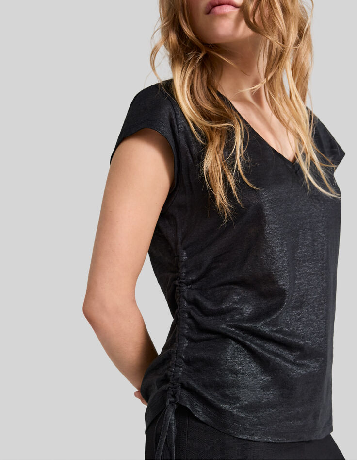 Schwarzes Damen-T-Shirt aus irisierendem Leinen-7