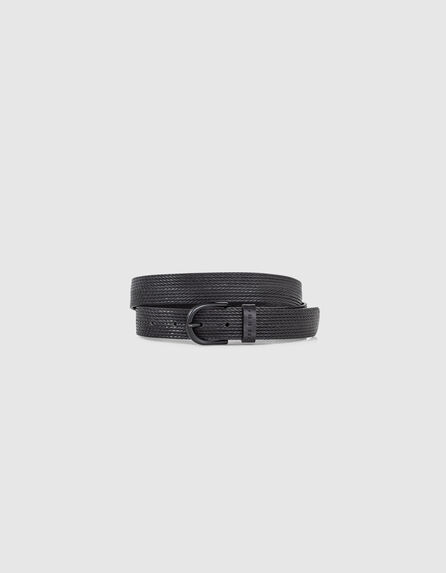 Men's black leather belt with woven embossing