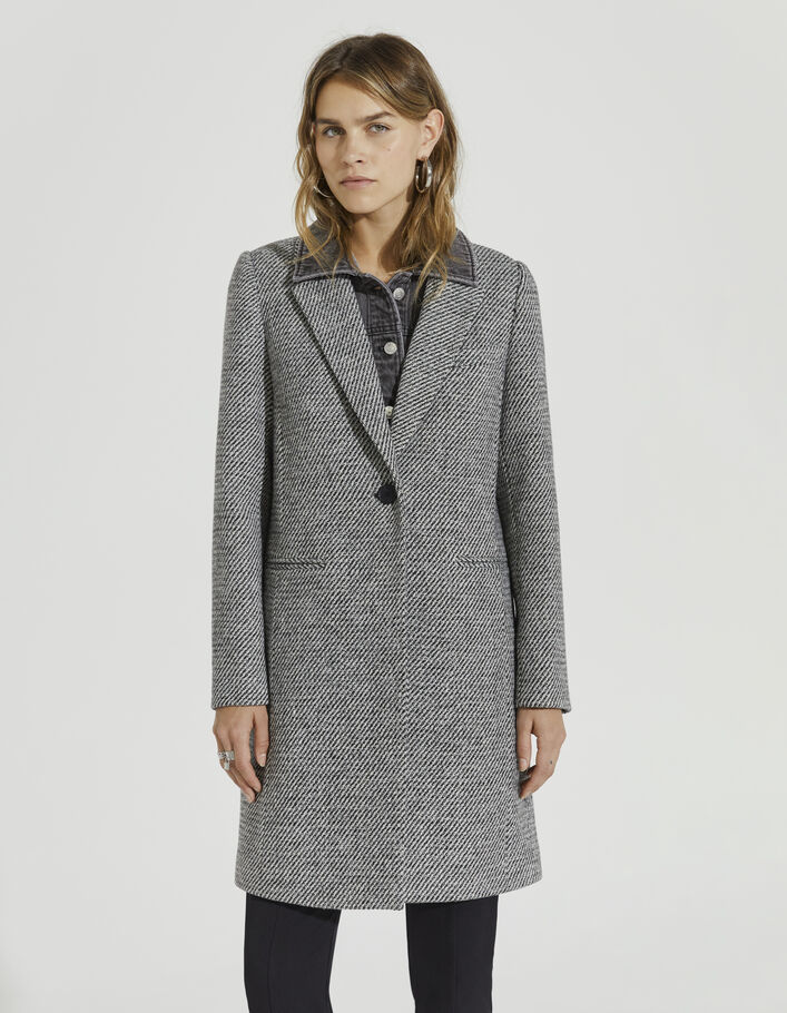 Women’s grey wool blend coat with grey denim facing