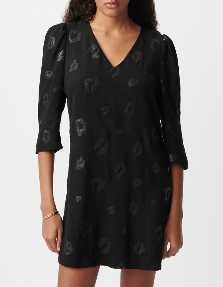 Robe housse mi-cuisse noire motif l&eacute;opard brod&eacute; sequins Femme-2