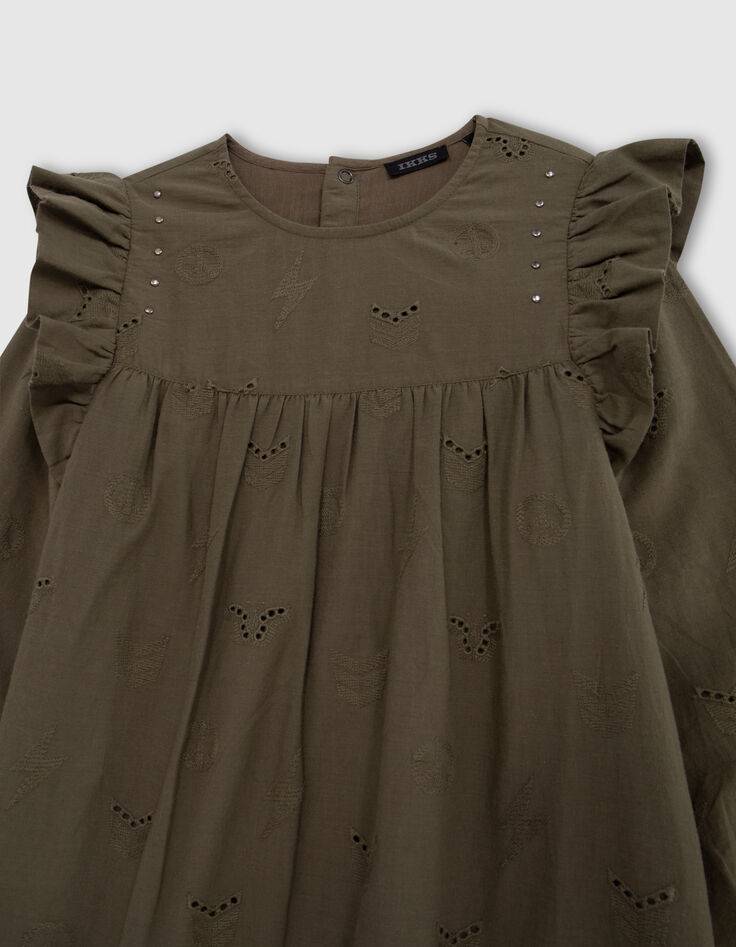 Kaki jurk, anglaise borduursel, legermotieven, meisje-2 Kaki jurk, anglaise borduursel, legermotieven, meisje-2