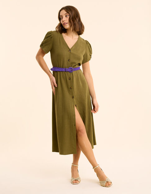 Robe midi kaki boutonnée lin mélangé I.Code