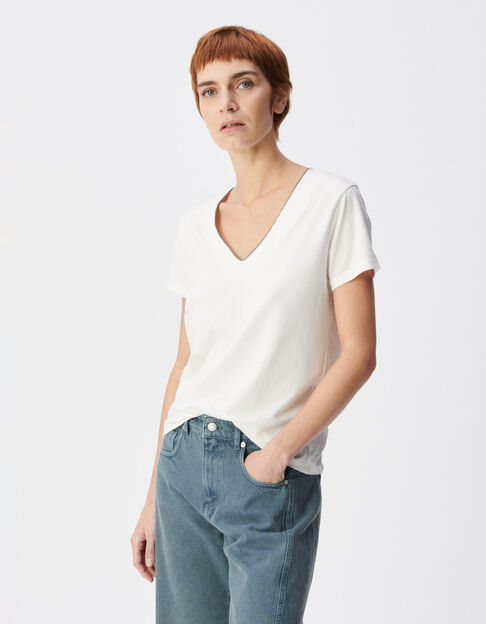 Tee-shirt blanc encolure V bijou Femme - IKKS
