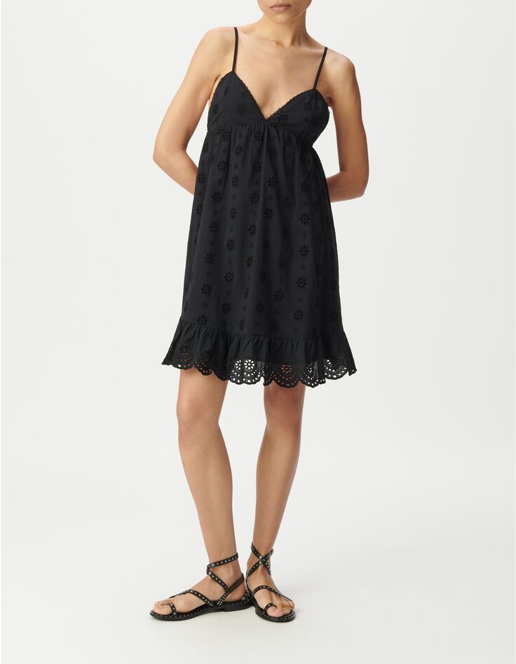 Robe fines bretelles noire broderie anglaise Femme-2