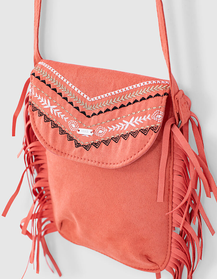 Sac à main corail foncé brodé à franges fille-3