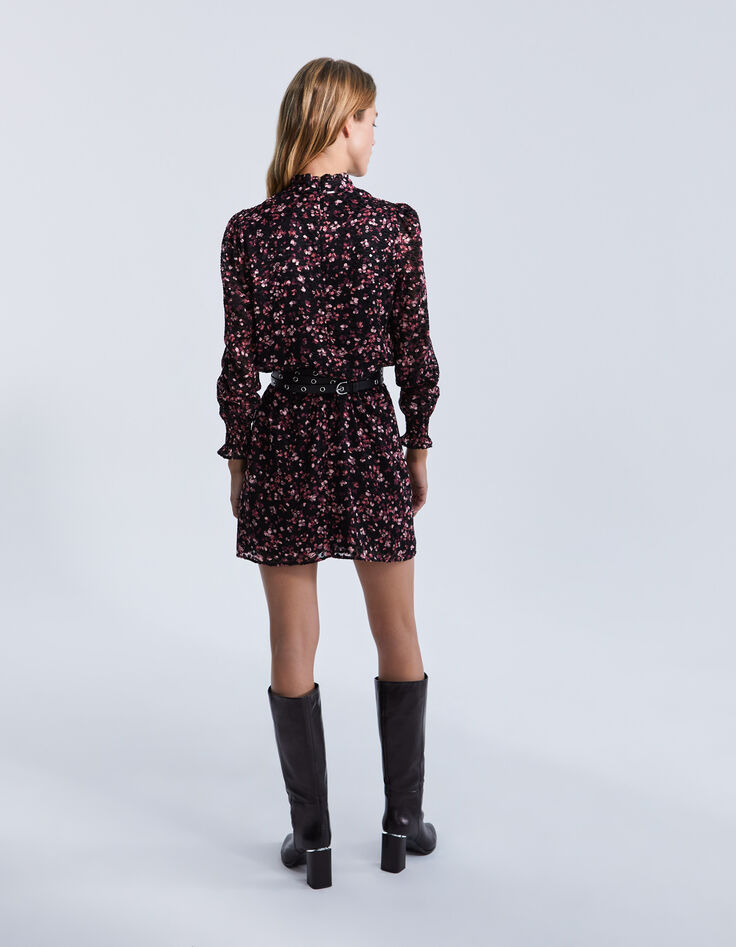 Women’s black short sheer dress with pink velvet print-3
