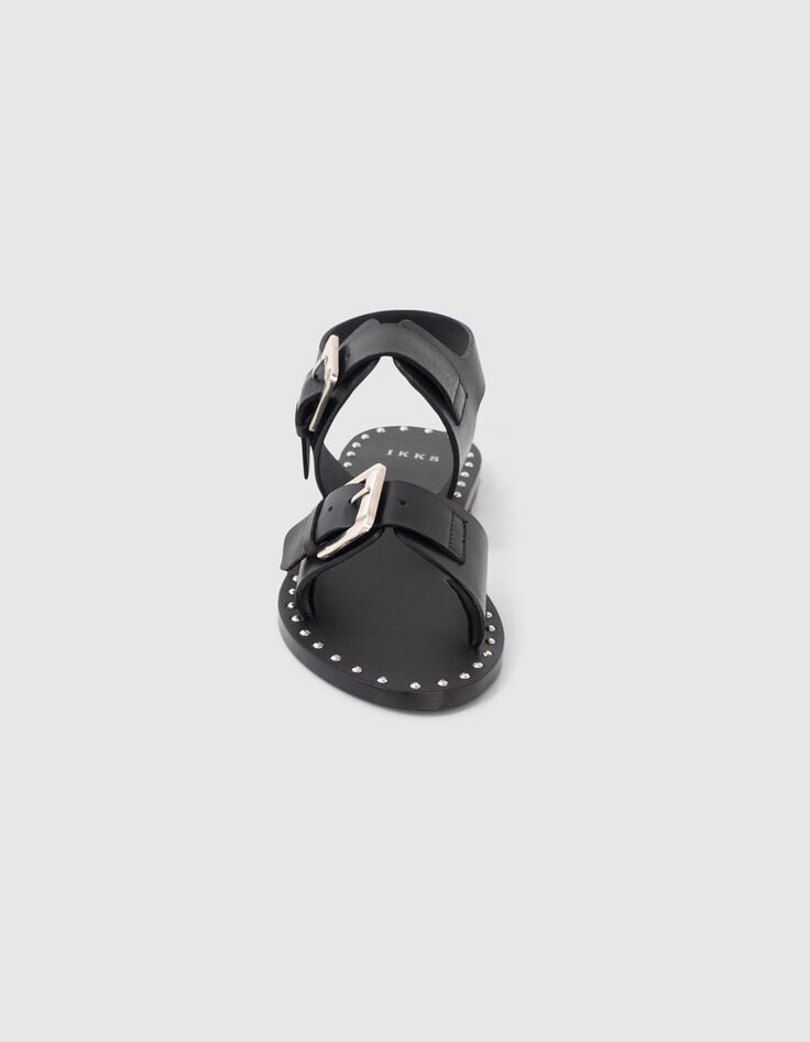 Schwarze Damen-Ledersandalen gesteppte Doppelriemen Nieten-2