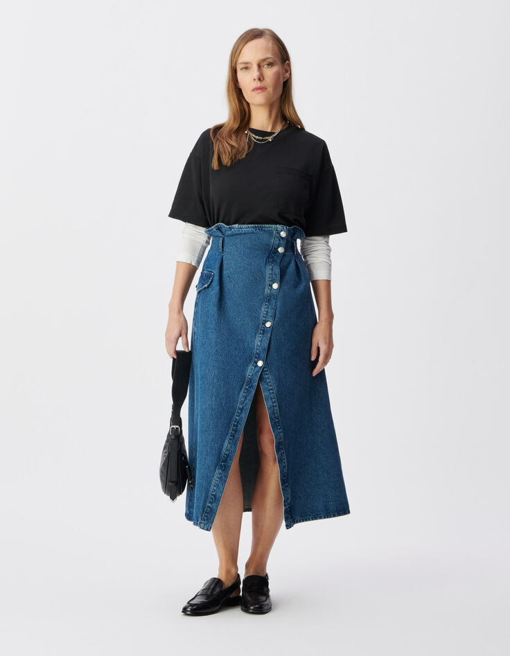 Jupe en jean bleu fendue taille haute asym&eacute;trique Femme-1