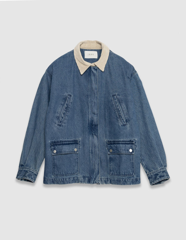 Women's blue denim jacket with ecru velour collar-6
