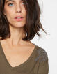 Women’s khaki embroidered shoulder long-sleeve T-shirt-4