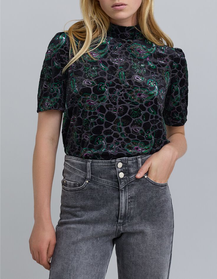Zwart barok fluwelen top met paisleymotief voor dames-3