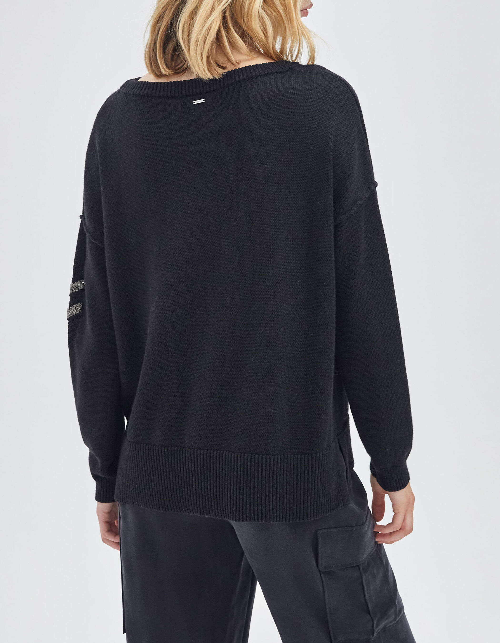 Women s black knit sweater with chevrons on sleeve