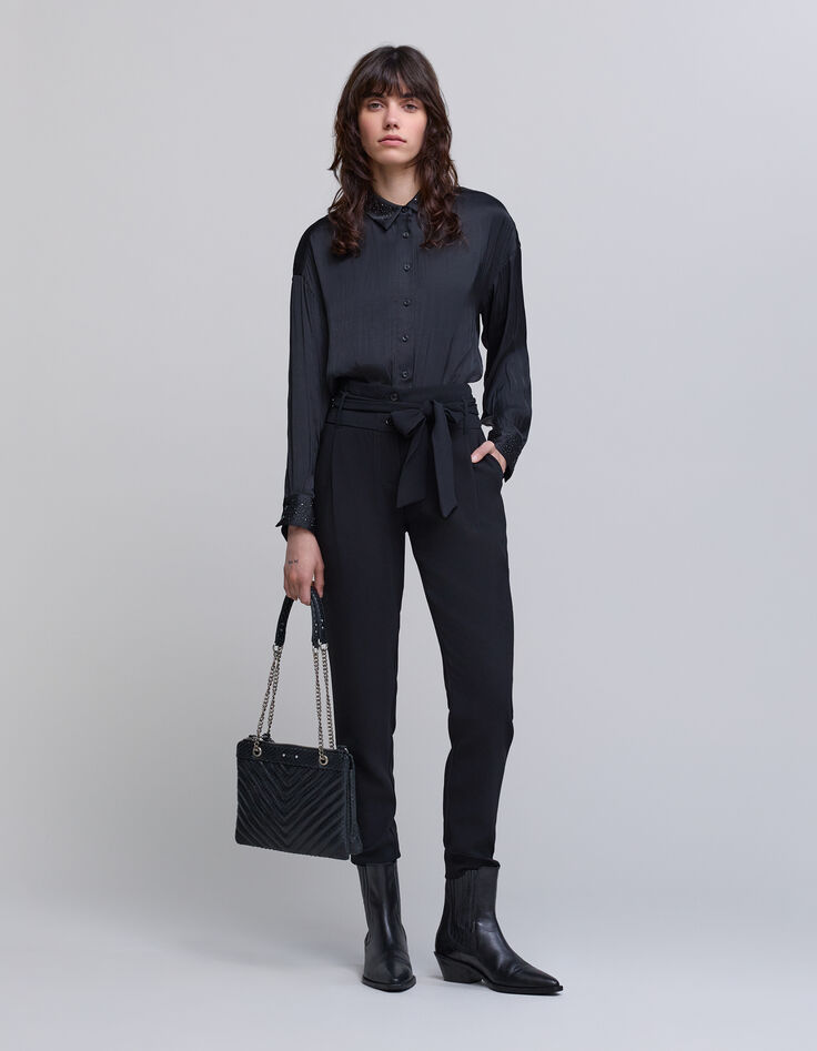 Schwarze Damenchiffonhose mit hohem Bund-1