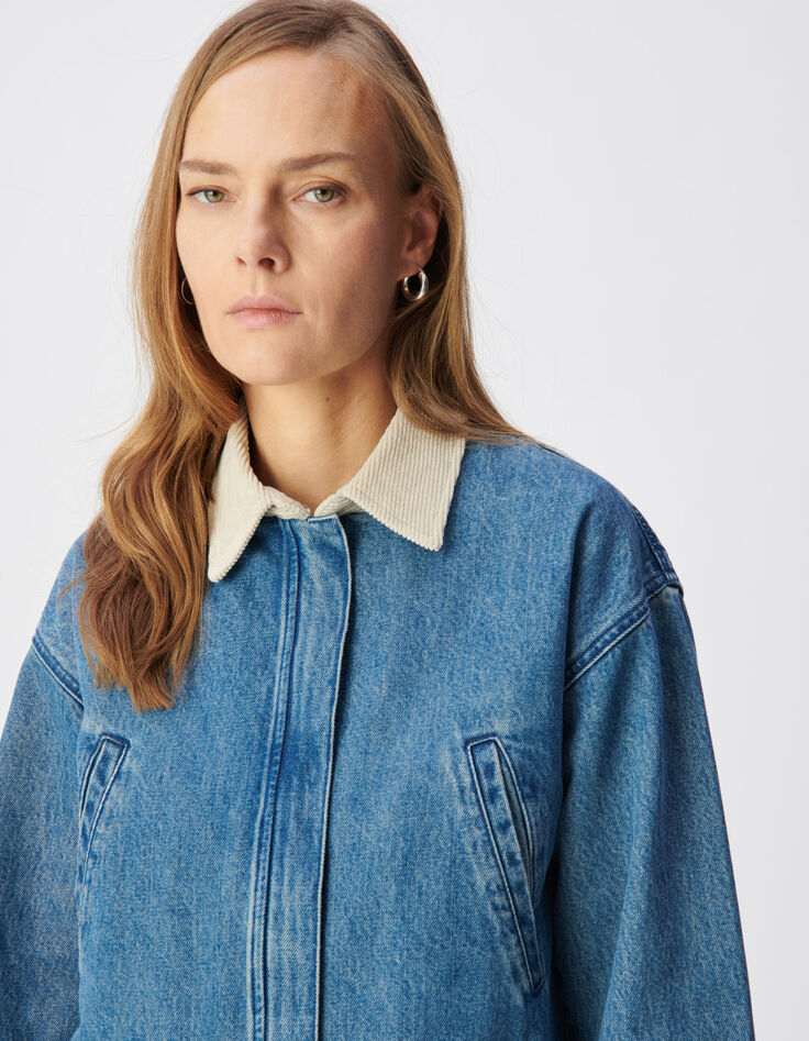 Women's blue denim jacket with ecru velour collar-5