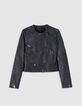 Schwarze Bikerjacke aus gewaschenem Leder mit Reißverschlusstaschen Damen-6