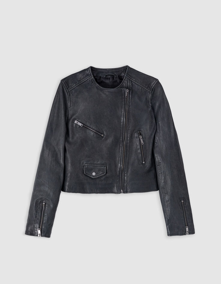 Schwarze Bikerjacke aus gewaschenem Leder mit Reißverschlusstaschen Damen-6