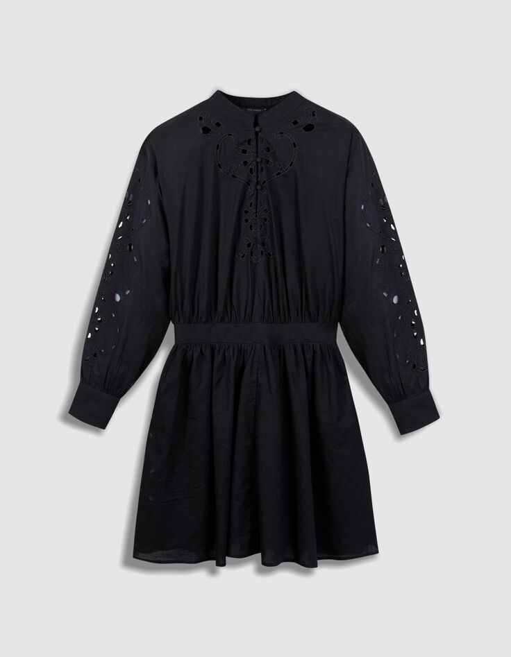 Zwarte opengewerkte geborduurde jurk voor dames-1