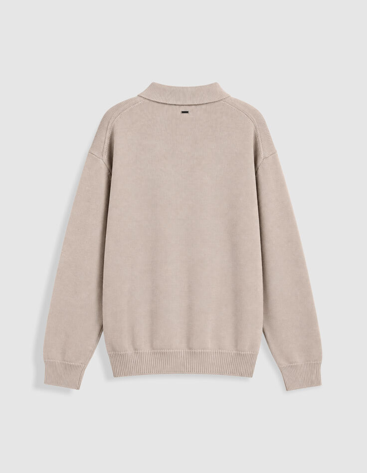 Men's Beige Knitted Sweater with Button-Down Polo Collar-7