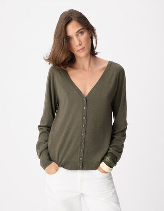 Women's Khaki V-Neck Wool Sweater Rhinestone Back