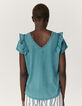 Smaragdgroen T-shirt volants schouders voor-achter dames-4