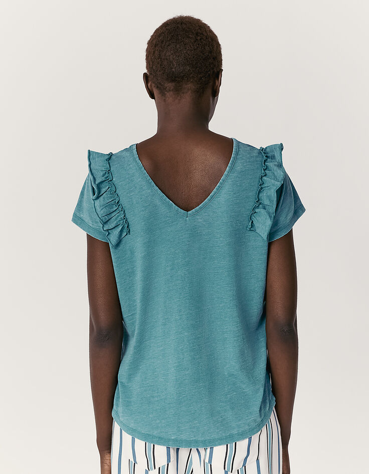 Smaragdgroen T-shirt volants schouders voor-achter dames-4